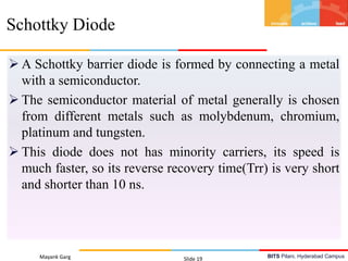 BITS Pilani, Hyderabad Campus
 A Schottky barrier diode is formed by connecting a metal
with a semiconductor.
 The semiconductor material of metal generally is chosen
from different metals such as molybdenum, chromium,
platinum and tungsten.
 This diode does not has minority carriers, its speed is
much faster, so its reverse recovery time(Trr) is very short
and shorter than 10 ns.
Mayank Garg Slide 19
Schottky Diode
 