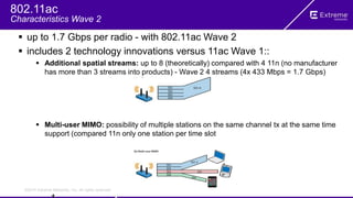 ©2014 Extreme Networks, Inc. All rights reserved.
 up to 1.7 Gbps per radio - with 802.11ac Wave 2
 includes 2 technology innovations versus 11ac Wave 1::
 Additional spatial streams: up to 8 (theoretically) compared with 4 11n (no manufacturer
has more than 3 streams into products) - Wave 2 4 streams (4x 433 Mbps = 1.7 Gbps)
 Multi-user MIMO: possibility of multiple stations on the same channel tx at the same time
support (compared 11n only one station per time slot
802.11ac
Characteristics Wave 2
 