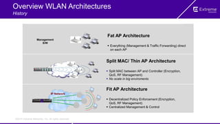 ©2014 Extreme Networks, Inc. All rights reserved.
Overview WLAN Architectures
History
Split MAC/ Thin AP Architecture
 Split MAC between AP and Controller (Encryption,
QoS, RF Management)
 No scale in big enviroments
Fat AP Architecture
 Everything (Management & Traffic Forwarding) direct
on each AP
Management
S/W
IP Network
Fit AP Architecture
 Decentralized Policy Enforcement (Encryption,
QoS, RF Management)
 Centralized Management & Control
 