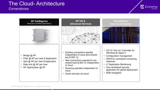 ©2014 Extreme Networks, Inc. All rights reserved.
AP Intelligence
Reduced Controller Dependency
AP HA &
Advanced Services
Virtualization
Data Centralization
 Bridge @ AP
 Filter @ AP per User & Application
 QoS @ AP per User & Application
 Rate limit @ AP per User
 RF Optimization @ AP
 Existing connections operate
independent of cloud (pre-shared
key & 802.1x)
 New connections operate for pre-
shared keys & 802.1X independent
of cloud
 Roaming operates independent of
cloud
 Guest services via cloud
 V2110- first virt. Controller for
VM-Ware & Hyper-V
 Configuration management
 WIPS for centralized monitoring,
response
 L7 Application Monitorung
 One centralized security
application for global deployment
 SDN intergation
The Cloud- Architecture
Cornerstones
 