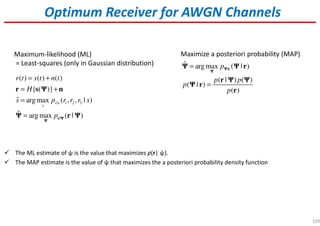 109
Optimum Receiver for AWGN Channels
Maximize a posteriori probability (MAP)
|
ˆ arg max ( | )
( | ) ( )
( | )
( )
p
p p
p
p
=
=
Ψ r
Ψ
Ψ Ψ r
r Ψ Ψ
Ψ r
r
The ML estimate of ψ is the value that maximizes p(r| ψ).
The MAP estimate is the value of ψ that maximizes the a posteriori probability density function
Maximum-likelihood (ML)
= Least-squares (only in Gaussian distribution)
| 1 2 3
|
( ) ( ) ( )
{ ( )}
ˆ arg max ( , , | )
ˆ arg max ( | )
r s
s
r t s t n t
H
s p r r r s
p
= +
= +
=
= r Ψ
Ψ
r s Ψ n
Ψ r Ψ
 