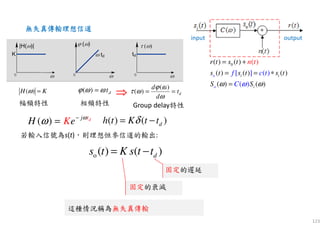 123
0( ) ( )
( ) ( ) ( )
( ) ( )
[ ] ( )
( )
( )
o
o
i i
i
f c t
r t s t
s t s t s t
t
S SC
n
ω ωω
= +
= = ∗
=
( )H Kω = dtωωϕ =)( dt
d
d
==
ω
ωϕ
ωτ
)(
)(⇒⇒⇒⇒
無失真傳輸理想信道無失真傳輸理想信道無失真傳輸理想信道無失真傳輸理想信道
幅頻特性 相頻特性 Group delay特性
o ( ) ( )ds t K s t t= −
( ) dj t
H eK ω
ω −
= ( ) ( )dh t K t tδ= −
固定的遲延
固定的衰減
這種情況稱為無失真傳輸這種情況稱為無失真傳輸
若輸入信號為s(t)，則理想恒參信道的輸出:
input output
 