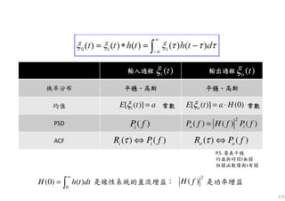輸入過程輸入過程輸入過程輸入過程 輸出過程輸出過程輸出過程輸出過程
機率分布 平穩平穩平穩平穩、、、、高斯高斯高斯高斯 平穩平穩平穩平穩、、、、高斯高斯高斯高斯
均值 常數常數常數常數 常數常數常數常數
PSD
ACF
125
[ ( )]iE t aξ = [ ( )] (0)oE t a Hξ = ⋅
( )iP f
( ) ( )i iR P fτ ⇔ ( ) ( )o oR P fτ ⇔
是線性系統的直流增益；
2
( )H f∫
∞
=
0
)()0( dtthH
o ( )tξ( )i tξ
是功率增益
2
( ) ( ) ( )o iP f H f P f=
P.S. 廣義平穩
均值與時間t無關
相關函數僅與τ有關
 