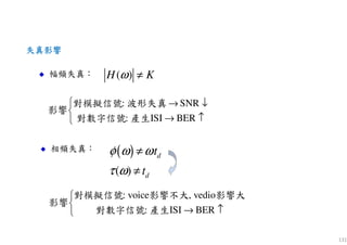 131
( )
( )
d
d
t
t
φ ω ω
τ ω
≠
≠
失真影響失真影響失真影響失真影響
( )H Kω ≠幅頻失真：
相頻失真：
: SNR
: ISI BER
 → ↓

→ ↑
對模擬信號 波形失真
影響
對數字信號 產生
: voice , vedio
: ISI BER


→ ↑
對模擬信號 影響不大 影響大
影響
對數字信號 產生
 