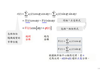 133
根據概率論中心極限定理：當 n
足夠大時，x(t)和y(t) 趨於正態分佈。
∑=
=
n
i
ii tatX
1
cos)()( ϕ
∑=
=
n
i
ii tatY
1
sin)()( ϕ
同相 ~ 正交形式
包絡 ~ 相位形式
瑞利瑞利瑞利瑞利
分佈分佈分佈分佈
均勻均勻均勻均勻
分佈分佈分佈分佈
[ ]cos( ) ( )cV t t tω ϕ= +
1 1
( ) ( )cos cos ( )sin sin
( )cos ( )sin
n n
i i c i i c
i i
c c
r t a t t a t t
X t t Y t t
ϕ ω ϕ ω
ω ω
= =
= −
= −
∑ ∑
包絡相位
隨機緩變的
窄帶信號
 