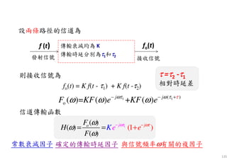 135
發射信號 接收信號
設兩條路徑的信道為
f (t)
fo(t) = K f(t - τ1) + K f(t -τ2)
信道傳輸函數
fo(t)
ττττ =ττττ2 -ττττ1
相對時延差
1
(1)
(
)
( )
(
)
o jj
KH
F
e e
F ωωτ τω
ω
ω
−−
+= =
則接收信號為
1 1( )
o ( )= ( ) + ( )j j
F KF e KF eωτ ω τ τ
ω ω ω− − +
常數衰減因子 確定的傳輸時延因子 與信號頻率ωωωω有關的複因子
傳輸衰減均為 K
傳輸時延分別為ττττ1和ττττ2
 