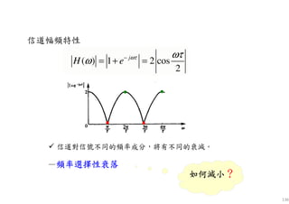 136
( ) 1 2 cos
2
j
H e ωτ ωτ
ω −
= + =
—頻率選擇性衰落頻率選擇性衰落頻率選擇性衰落頻率選擇性衰落
如何減小如何減小如何減小如何減小？？？？
信道幅頻特性
信道對信號不同的頻率成分，將有不同的衰減。
 