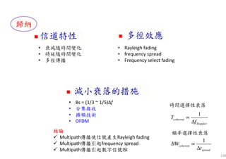 138
歸納歸納
信道特性信道特性 多徑效應多徑效應
減小衰落的措施減小衰落的措施
1
coherent
Doppler
T
f
∝
∆
時間選擇性衰落
頻率選擇性衰落
1
coherent
spread
BW
t
∝
∆
• 衰減隨時間變化
• 時延隨時間變化
• 多徑傳播
• Rayleigh fading
• frequency spread
• Frequency select fading
• Bs = (1/3 ~ 1/5)Δf
• 分集接收
• 擴頻技術
• OFDM
結論結論結論結論
Multipath傳播使信號產生Rayleigh fading
Multipath傳播引起frequency spread
Multipath傳播引起數字信號ISI
 