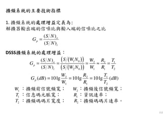 152
擴頻系統的主要技術指標擴頻系統的主要技術指標擴頻系統的主要技術指標擴頻系統的主要技術指標
1. 擴頻系統的處理增益處理增益處理增益處理增益定義為:
解擴器輸出端的信噪比與輸入端的信噪比之比
DSSS擴頻系統的處理增益擴頻系統的處理增益擴頻系統的處理增益擴頻系統的處理增益：
：擴頻前信號頻寬； ：擴頻後信號頻寬；
：信息碼元脈寬； ：資訊速率；
：擴頻碼碼片寬度； ：擴頻碼碼片速率。
i
o
p
NS
NS
G
)(
)(
=
)(lg10lg10lg10)(
2
1
1
2
1
2
dB
T
T
R
R
W
W
dBGp ===
1W 2W
1T
2T
1R
2R
( )( )
( )( )
1 0 2 2 1
1 1 22 0
( )
( )
o
p
i
S W NS N W R T
G
S N W R TS W N
= = = ≈ =
 
