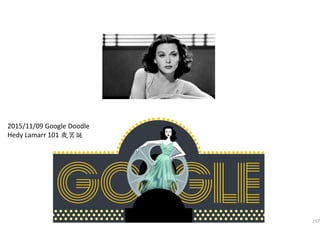157
2015/11/09 Google Doodle
Hedy Lamarr 101 歲冥誕
 