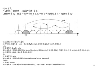 163
混合方式
FH/DSSS、DSSS/TH、DSSS/FH/TH等等。
DSSS/FH系統，就是一種中心頻率在某一頻帶內跳變的直接序列擴頻系統。
Spread Spectrum在IoT的應用
以 RF 前端架構而言，LoRa、BLE 與 ZigBee 通通採用固定波包調制以及展頻技術
LoRa
信道頻寬：最大 0.5 MHz
調制與展頻：GFSK + CSS (Chirp Spread Spectrum, 雖然 semtech 說 CSS 是戰時的國防技術, 不過 semtech 似乎有再加上自
己的獨門調制技術, 這是有專利保護的!)
BLE
信道頻寬：2 MHz
調制與展頻：GFSK + FHSS (Frequency Hopping Spread Spectrum)
ZigBee
信道頻寬 2 MHz
調制與展頻：OQPSK (half-sine pulse shaping) + DSSS (Direct Sequence Spread Spectrum)
 