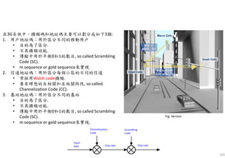 165
在3G系統中，擴頻碼和地址碼主要可以劃分成如下3類:
1. 用戶地址碼：用於區分不同的移動用戶
• 目的為了區分.
• 不具擴頻功能.
• 傳輸中用於平衡0和1的數目, so called Scrambling
Code (SC).
• m sequence or gold sequence來實現
2. 信道地址碼：用於區分每個小區的不同的信道
• 常採用Walsh code擴頻.
• 要有理想的自相關和互相關特性, so called
Channelization Code (CC).
3. 基站地址碼：用於區分不同的基站
• 目的為了區分.
• 不具擴頻功能.
• 傳輸中用於平衡0和1的數目, so called Scrambling
Code (SC).
• m sequence or gold sequence來實現.
Fig. Verizon
Input
data
Channelization
Code
Scrambling
Code
Chip rate Chip rate
 