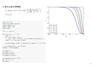 196
2. 最大比值合併最大比值合併最大比值合併最大比值合併(MRC)
1
0
10
0
( / )
( ) 1 1 exp
( 1)!
/
kM
RR
M R t
k
R
T P
k
x
γ γγ
γ γ
γ
γ γ
−
=
  
= > = − − −   −  
≡
∑
 