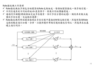 202
Rake接收機工作原理
Rake接收機由多個包含相關器的Rake支路組成，每個相關器接收一個多路信號。
不同信道具有不同的時延τ和衰落因子，對應不同的傳播環境。
通過同步捕獲/跟蹤模組完成多徑搜索，估計多徑分量的延遲τ，識別具有較大能
量的多徑位置，完成路徑選擇。
Rake接收機利用相關器檢測出多徑信號中最強的M個支路信號，然後對每個Rake
支路的輸出進行加權、合併，以提供優於單路信號的接收信噪比，然後再在此基
礎上進行判決。
路徑選擇
 