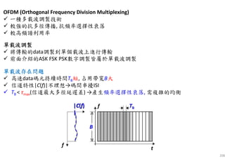 208
OFDM (Orthogonal Frequency Division Multiplexing)
一種多載波調製技術
較強的抗多徑傳播, 抗頻率選擇性衰落
較高頻譜利用率
單載波單載波單載波單載波調製調製調製調製
將傳輸的data調製到單個載波上進行傳輸
前面介紹的ASK FSK PSK數字調製皆屬於單載波調製
|C(f)
|
t
f
f
B
TB
單單單單載波載波載波載波存在存在存在存在問題問題問題問題
高速data碼元持續時間TB短, 占用帶寬B大
信道特性|C(f)|不理想→碼間串擾ISI
TB < τmax(信道最大多徑延遲差) →產生頻率選擇性衰落, 需複雜的均衡
|C(f)
|
 