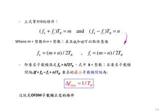 213
( ) and ( )k i B k i Bf f T m f f T n+ = − =
Where m = 整數和n = 整數；並且ϕk和ϕi可以取任意值
( ) / 2 , ( ) / 2k B i Bf m n T f m n T= + = −
上式等於0的條件：
這就是OFDM子載頻正交的條件子載頻正交的條件子載頻正交的條件子載頻正交的條件
即要求子載頻滿足 fk = k/2TB ，式中 k = 整數；且要求子載頻
間隔∆∆∆∆f = fk – fi = n/TB, 要求的最小子子子子載頻間隔為:
min 1/ Bf T∆ =
 