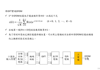 223
用IDFT實現OFDM
1st 令OFDM的最低子載波頻率等於0，以滿足下式
右端第一項(即n = 0時)的指數因數等於1。
為了得到所需的已調信號最終頻位置，可以用上變頻的方法將所得OFDM信號的頻譜
向上搬移到指定的高頻上。
∑
−
=
=
1
0
)/2(
)(
1
)(
K
n
nkKj
en
K
ks π
S )1,,2,1,0( −= Kk ⋯
分幀
分組
串/並
變換
編碼
映射
.
.
.
.
.
.
IDFT .
.
.
並/串
變換
D/A
變換
上
變
頻
OFDM
信號
二進位
輸入信號
 