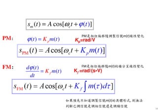34
Kf =rad/(s•V)
Kp=rad/VPM：
FM：：：：
( ) ( )pKt m tϕ =
( )
( )f
d t
m t
dt
K
ϕ
=
( ) cos[ ( ])m cs t A t tϕω= +
FM是相位偏移隨m(t)的積分呈線性變化
如果預先不知道調製信號m(t)的具體形式, 則無法
判斷已調信號是調相信號還是調頻信號
PM是相位偏移隨調製信號m(t)線性變化
 