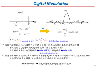 53
Digital Modulation
( )H ω
ST
π
−
ST
π0 ω
,
( )
0,
S
S
S
T
T
H
T
π
ω
ω
π
ω

≤

= 
 >

sin
( ) sinc( / )S
S
S
t
T
h t t T
t
T
π
π
π
= =
FT
若輸入資料以RB = 1/Ts波特的速率進行傳輸，則在抽樣時刻上不存在碼間串擾。
• 若以高於1/Ts波特的碼元速率傳送時，將存在碼間串擾。
• 通常將此頻寬B = 1/(2Ts)稱為Nyquist頻寬頻寬頻寬頻寬fN，將RB稱為Nyquist速率速率速率速率。
此基帶系統所能提供的最高頻帶利用率η為 RB/B = 2, 這種特性陡峭在物理上是無法實現的
• 並且h(t)的振盪衰減慢, 使之對定時精度要求很高, 故不能實用。
How to solve ? 在fN奇對稱波形進行”圓滑”+”滾降”
Nyquist最窄頻寬 無ISI最高Baud Nyquist rate
無ISI BB最高頻帶利用率
 