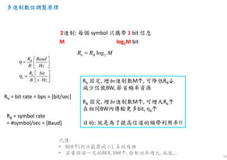 76
多進制數位調製原理多進制數位調製原理多進制數位調製原理多進制數位調製原理
2進制: 每個 symbol 只攜帶 1 bit 信息
M log2M bit
Rb = bit rate = bps = [bit/sec]
RB = symbol rate
= #symbol/sec = [Baud]
B
b
b
R Baud
B Hz
R bit
B s Hz
η
η
 
=   
 
=  ⋅ 
2logb BR R M=
Rb 固定, 增加進制數M↑, 可降低RB↓
減少信號BW, 節省頻率資源
RB 固定, 增加進制數M↑, 可增大Rb↑
在相同BW內傳輸更多bit, ηb↑
目的: 就是為了提高信道的頻帶利用率!!
代價:
• BER↑(判決範圍減小), 系統複雜
• 若要保證一定的BER, SNR↑, 發射功率增大, 耗能…
 