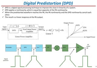 88
DPD is a digital signal processing technique to improve the close-in linearity of a system.
DPD applies a nonlinearity, which is equal but opposite of the PA nonlinearity.
When the predistorted waveform reaches the PA, the PA nonlinearity and the DPD nonlinearity cancel each
other.
The result is a linear response at the PA output.
Digital Predistortion (DPD)
( )y Kf x′=( )1
x f x−
′ =
( )1
Linear !!
y Kf f x Kx−
 = = 
 
