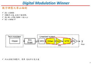 89
Digital Modulation Winner
數字調製之華山論劍數字調製之華山論劍數字調製之華山論劍數字調製之華山論劍
2G → GMSK
1986年之後, 出現了線性PA.
3G, 4G → PSK, QAM 一統江山
5G → APSK ??
所以在數字調製中, 簡單 高效率才是王道
 