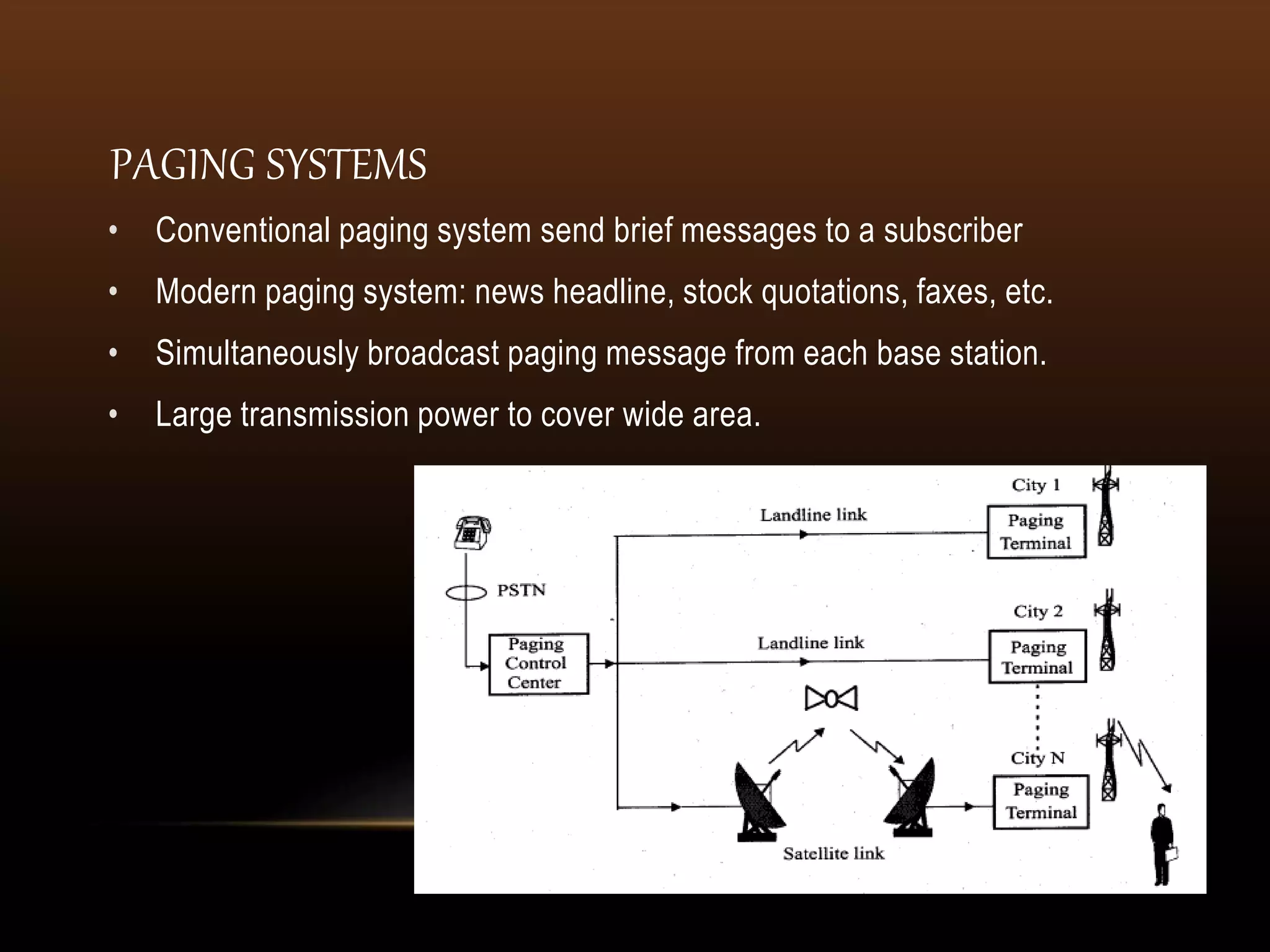 • Conventional paging system send brief messages to a subscriber
• Modern paging system: news headline, stock quotations, faxes, etc.
• Simultaneously broadcast paging message from each base station.
• Large transmission power to cover wide area.
PAGING SYSTEMS
 