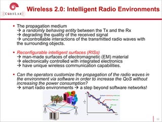 Wireless 2.0: Intelligent Radio Environments
 The propagation medium
 a randomly behaving entity between the Tx and the Rx
 degrading the quality of the received signal
 uncontrollable interactions of the transmitted radio waves with
the surrounding objects.
 Reconfigurable intelligent surfaces (RISs)
 man-made surfaces of electromagnetic (EM) material
 electronically controlled with integrated electronics
 have unique wireless communication capabilities.
 Can the operators customize the propagation of the radio waves in
the environment via software in order to increase the QoS without
increasing the power consumption?
 smart radio environments  a step beyond software networks!
12
 