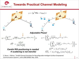 Towards Practical Channel Modeling
33
E. Basar, I. Yildirim, ’’SimRIS Channel Simulator for Reconfigurable Intelligent Surface-Empowered
Communication Systems’’, arXiv:2006.00468, May. 2020.
Adjustable Phase!
Careful RIS positioning is needed
 scattering is not merciful
 