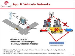 App. 6: Vehicular Networks
40
R. Schober et al., ‘’Physical Layer Security in Vehicular Networks with Reconfigurable Intelligent Surfaces’’,
arXiv:1912.12183, Dec. 2019.
B. Massini et al., ‘’The Use of Meta-Surfaces in Vehicular Networks’’, J. Sens. Actuator Netw., Mar. 2019.
- Enhance security
- Overcome LOS blockages
- Sensing, pedestrian dedection
 