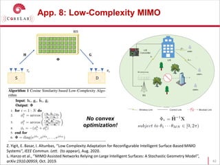 App. 8: Low-Complexity MIMO
42
No convex
optimization!
Z. Yigit, E. Basar, I. Altunbas, ‘’Low Complexity Adaptation for Reconfigurable Intelligent Surface-Based MIMO
Systems‘’, IEEE Commun. Lett. (to appear), Aug. 2020.
L. Hanzo et al., ‘’MIMO Assisted Networks Relying on Large Intelligent Surfaces: A Stochastic Geometry Model’’,
arXiv:1910.00959, Oct. 2019.
 