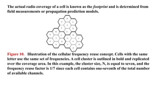 The actual radio coverage of a cell is known as the footprint and is determined from
field measurements or propagation prediction models.
Figure 10. Illustration of the cellular frequency reuse concept. Cells with the same
letter use the same set of frequencies. A cell cluster is outlined in bold and replicated
over the coverage area. In this example, the cluster size, N, is equal to seven, and the
frequency reuse factor is 1/7 since each cell contains one-seventh of the total number
of available channels.
 