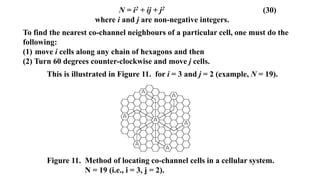 N = i2 + ij + j2 (30)
where i and j are non-negative integers.
To find the nearest co-channel neighbours of a particular cell, one must do the
following:
(1) move i cells along any chain of hexagons and then
(2) Turn 60 degrees counter-clockwise and move j cells.
This is illustrated in Figure 11. for i = 3 and j = 2 (example, N = 19).
Figure 11. Method of locating co-channel cells in a cellular system.
N = 19 (i.e., i = 3, j = 2).
 