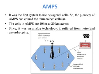 AMPS
• It was the first system to use hexagonal cells. So, the pioneers of
AMPS had coined the term coined cellular.
• The cells in AMPS are 10km to 20 km across.
• Since, it was an analog technology, it suffered from noise and
eavesdropping.
 