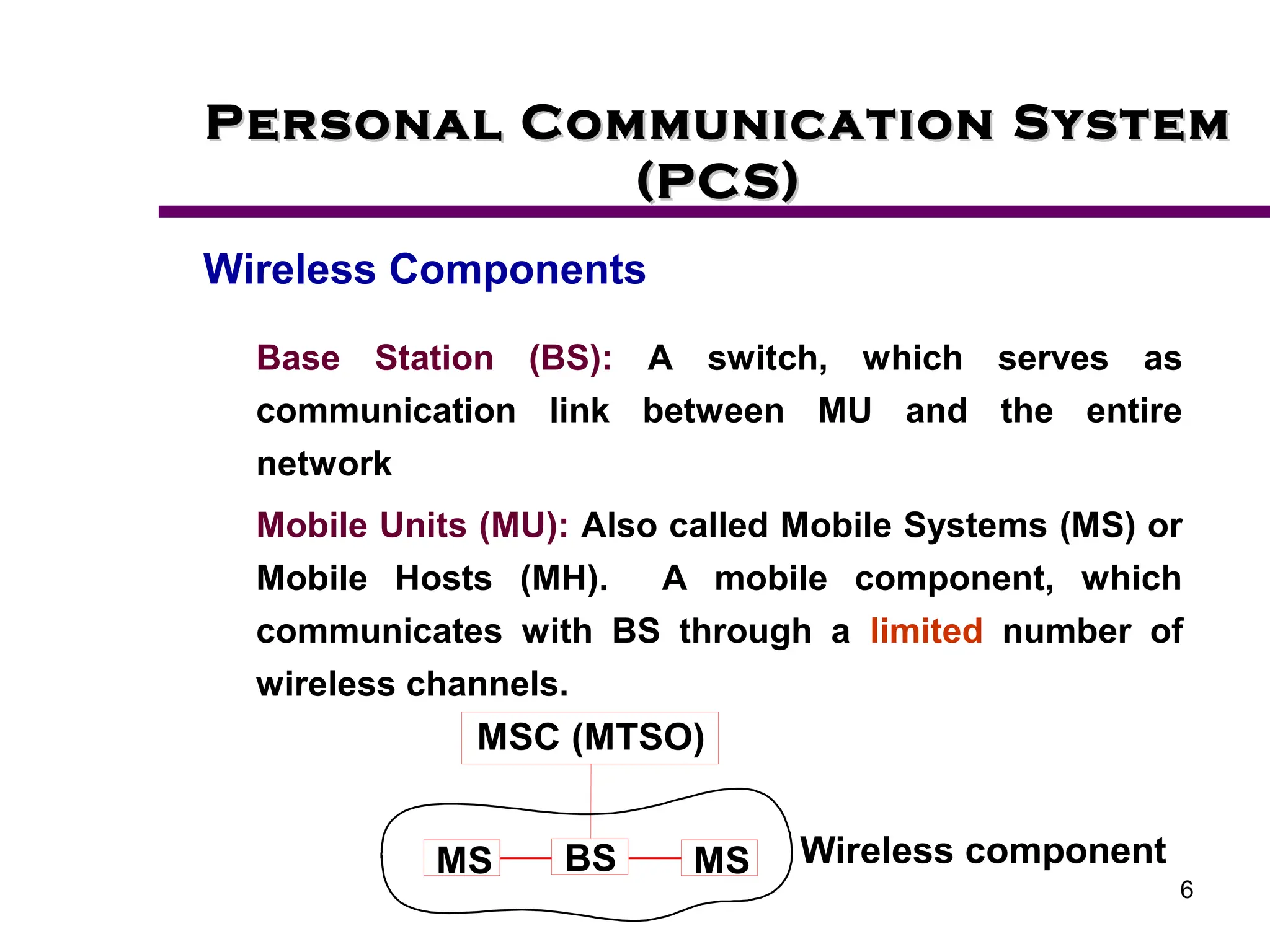 6
Personal Communication System
Personal Communication System
(PCS)
(PCS)
Wireless Components
BS
MSC (MTSO)
MS
MS Wireless component
Base Station (BS): A switch, which serves as
communication link between MU and the entire
network
Mobile Units (MU): Also called Mobile Systems (MS) or
Mobile Hosts (MH). A mobile component, which
communicates with BS through a limited number of
wireless channels.
 