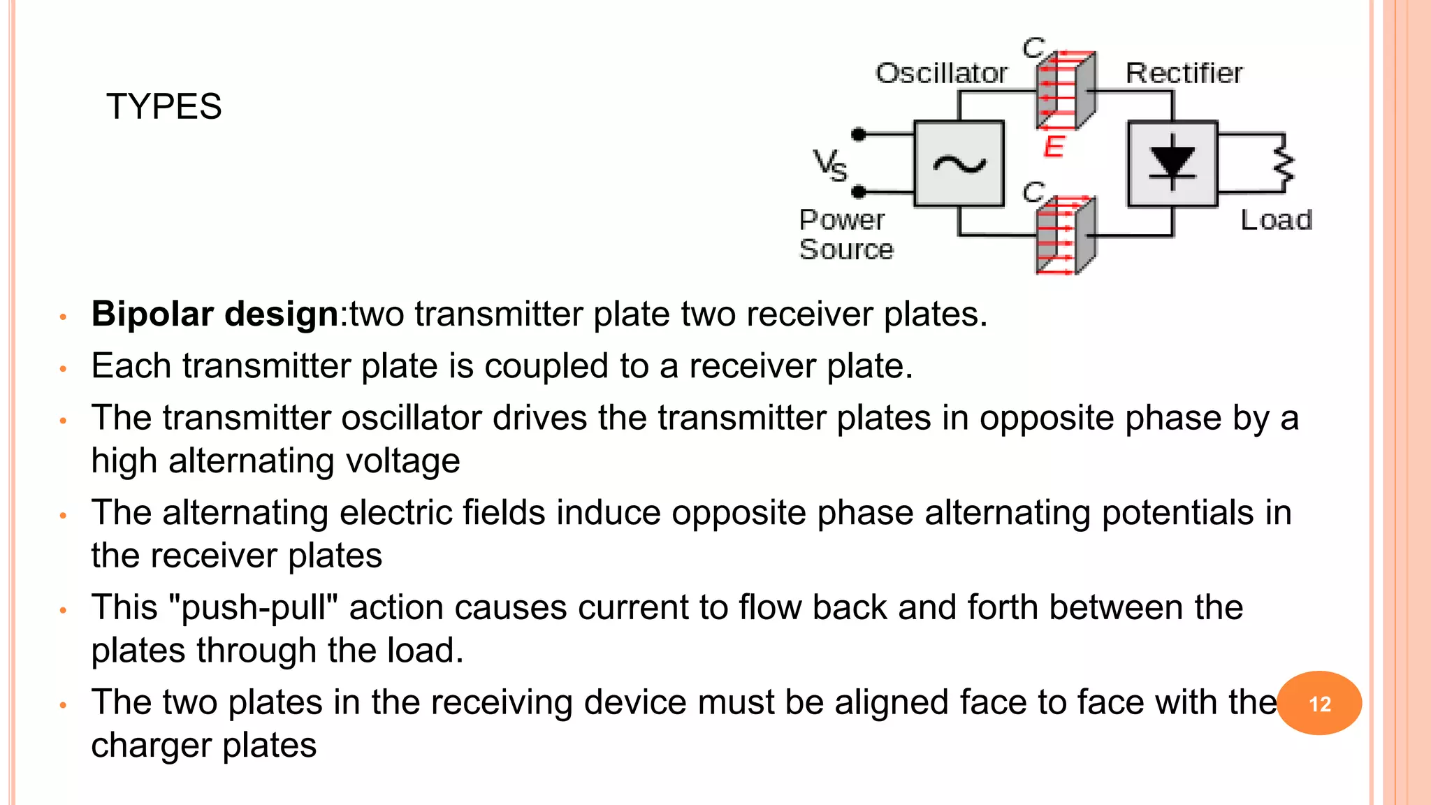 TYPES
• Bipolar design:two transmitter plate two receiver plates.
• Each transmitter plate is coupled to a receiver plate.
• The transmitter oscillator drives the transmitter plates in opposite phase by a
high alternating voltage
• The alternating electric fields induce opposite phase alternating potentials in
the receiver plates
• This "push-pull" action causes current to flow back and forth between the
plates through the load.
• The two plates in the receiving device must be aligned face to face with the
charger plates
12
 