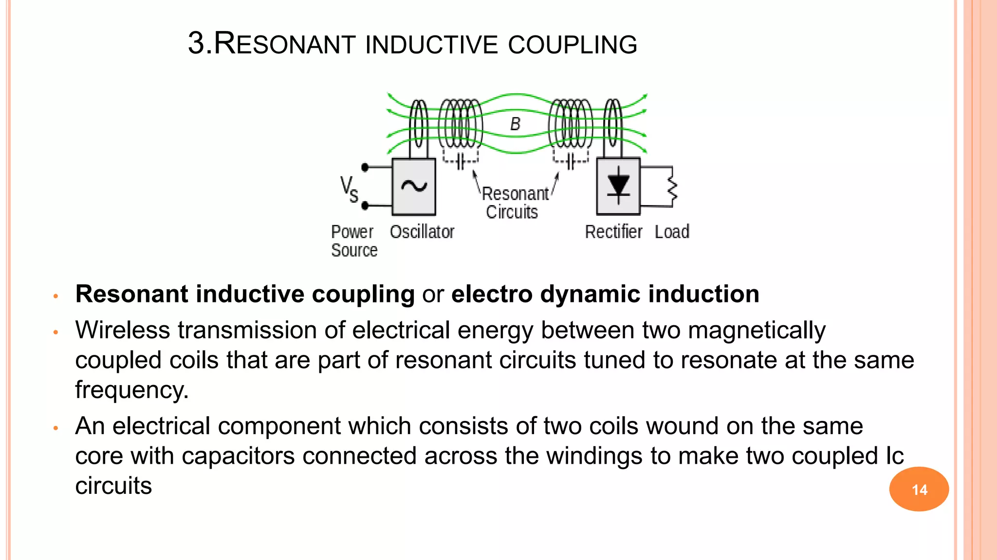 3.RESONANT INDUCTIVE COUPLING
• Resonant inductive coupling or electro dynamic induction
• Wireless transmission of electrical energy between two magnetically
coupled coils that are part of resonant circuits tuned to resonate at the same
frequency.
• An electrical component which consists of two coils wound on the same
core with capacitors connected across the windings to make two coupled lc
circuits 14
 
