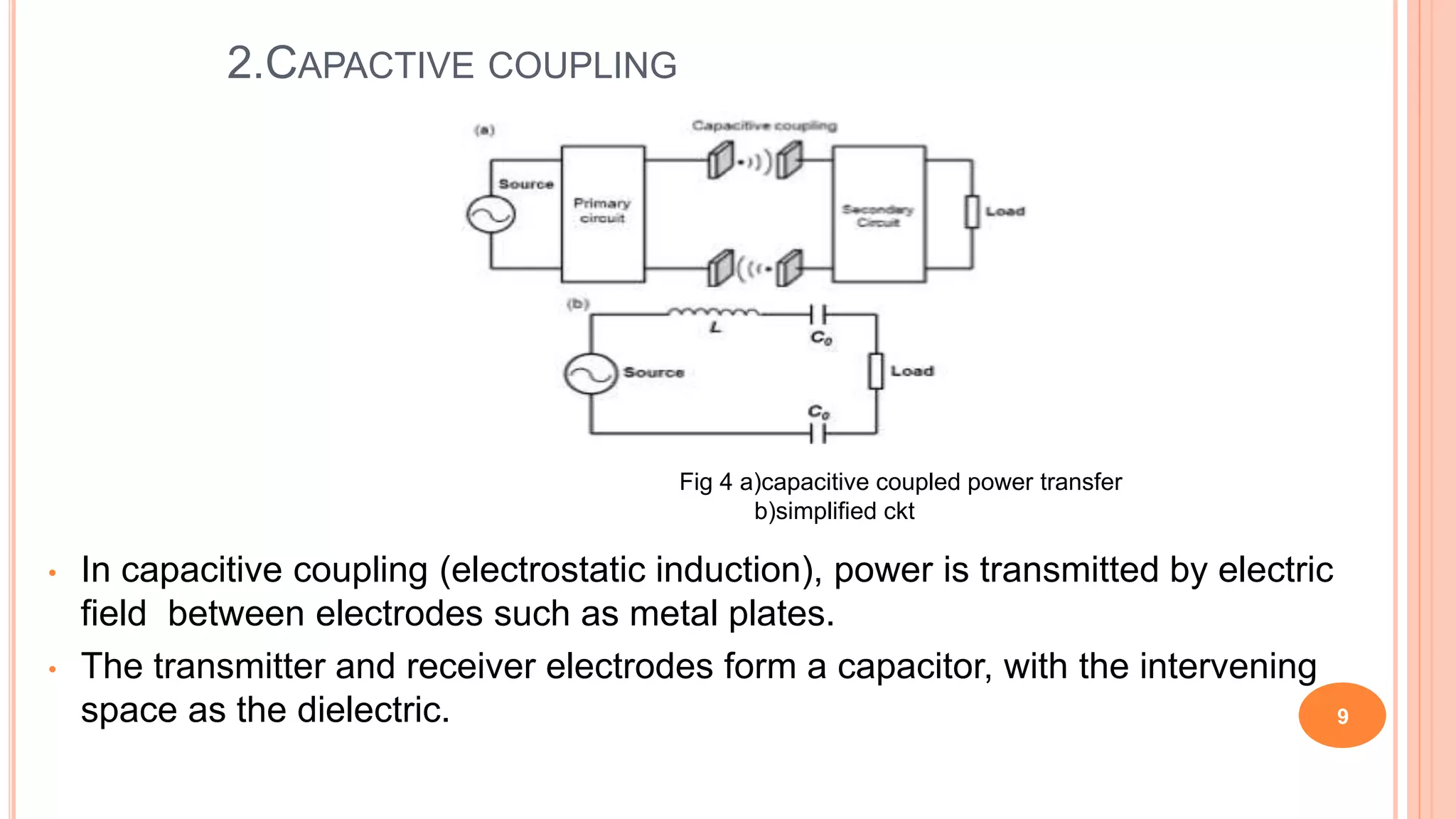 2.CAPACTIVE COUPLING
• In capacitive coupling (electrostatic induction), power is transmitted by electric
field between electrodes such as metal plates.
• The transmitter and receiver electrodes form a capacitor, with the intervening
space as the dielectric. 9
Fig 4 a)capacitive coupled power transfer
b)simplified ckt
 