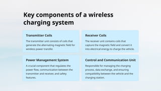 Key components of a wireless
charging system
Transmitter Coils
The transmitter unit consists of coils that
generate the alternating magnetic field for
wireless power transfer.
Receiver Coils
The receiver unit contains coils that
capture the magnetic field and convert it
into electrical energy to charge the vehicle.
Power Management System
A crucial component that regulates the
power flow, communication between the
transmitter and receiver, and safety
features.
Control and Communication Unit
Responsible for managing the charging
process, data exchange, and ensuring
compatibility between the vehicle and the
charging station.
 