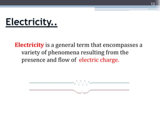 13




Electricity is a general term that encompasses a
  variety of phenomena resulting from the
  presence and flow of electric charge.
 