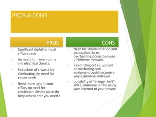 PROS & CONS
PROS
• Significant decluttering of
office space
• No need for meter rooms
and electrical closets.
• Reduction of e-waste by
eliminating the need for
power cords
• Need more light in your
office, no need for
electrician. Simply place the
lamp where ever you need it.
CONS
• Need for standardization and
adaptation. So no
overheating occurs because
of different voltages.
• Retrofitting old equipment
or purchasing new
equipment could become a
very expensive endeavor
• possibility of “energy theft”.
Wi Fi, someone can be using
your internet or your power.
 
