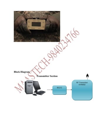 Block Diagram
                Transmitter Section

                                          RF Transmitter
                                            434MHZ
                                  RS232
 