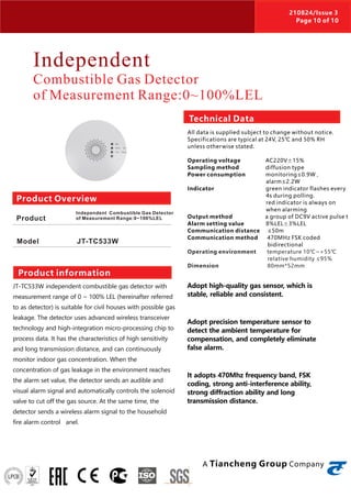 Independent
Combustible Gas Detector
of Measurement Range:0~100%LEL
JT-TC533W independent combustible gas detector with
me...
