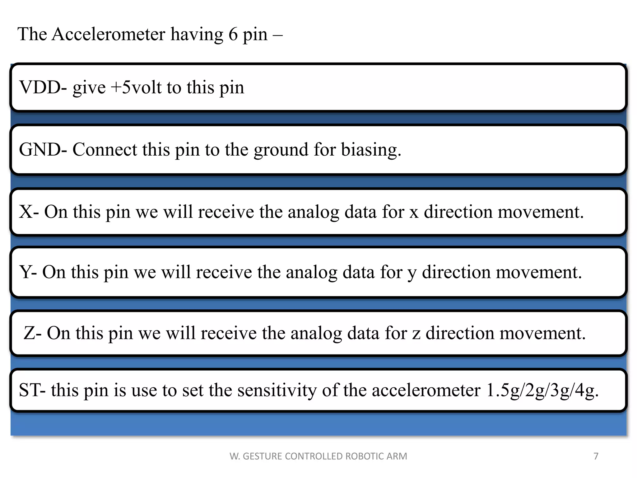 VDD- give +5volt to this pin
GND- Connect this pin to the ground for biasing.
X- On this pin we will receive the analog data for x direction movement.
Y- On this pin we will receive the analog data for y direction movement.
Z- On this pin we will receive the analog data for z direction movement.
ST- this pin is use to set the sensitivity of the accelerometer 1.5g/2g/3g/4g.
7W. GESTURE CONTROLLED ROBOTIC ARM
The Accelerometer having 6 pin –
 