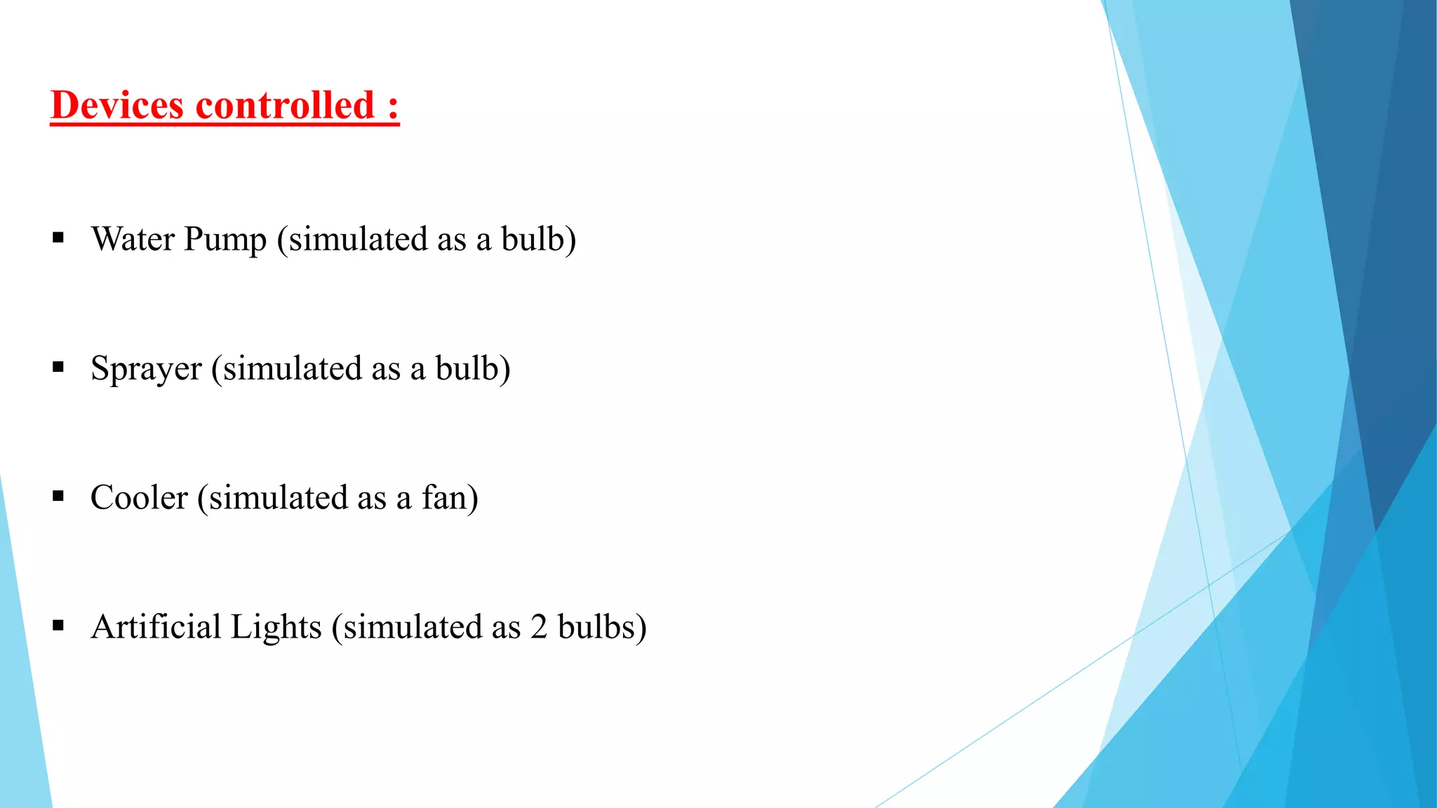 Devices controlled :
 Water Pump (simulated as a bulb)
 Sprayer (simulated as a bulb)
 Cooler (simulated as a fan)
 Artificial Lights (simulated as 2 bulbs)
 