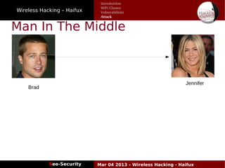 Wireless Hacking – Haifux
See-Security Mar 04 2013 – Wireless Hacking - Haifux
Man In The Middle
Introduction
WiFi Classes
Vulnerabilities
Attack
Brad
Jennifer
 