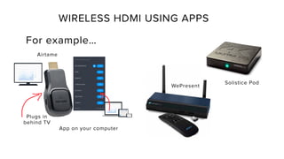 WIRELESS HDMI USING APPS
For example…
Plugs in
behind TV
Solistice Pod
App on your computer
WePresent
Airtame
 