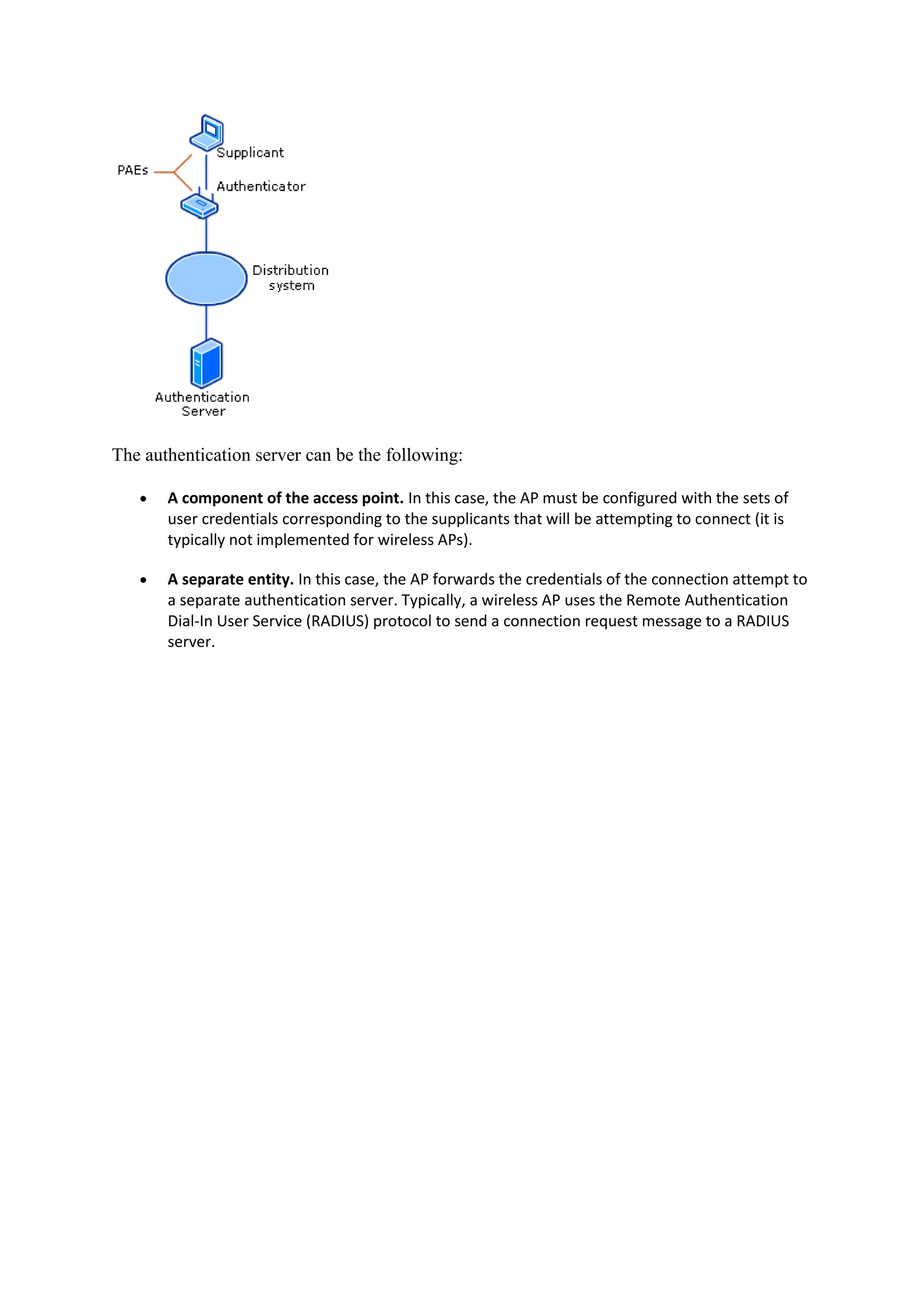 The authentication server can be the following:

       A component of the access point. In this case, the AP must be configured with the sets of
       user credentials corresponding to the supplicants that will be attempting to connect (it is
       typically not implemented for wireless APs).

       A separate entity. In this case, the AP forwards the credentials of the connection attempt to
       a separate authentication server. Typically, a wireless AP uses the Remote Authentication
       Dial-In User Service (RADIUS) protocol to send a connection request message to a RADIUS
       server.
 