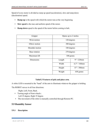 WIRELESS INDUSTRIAL SECURITY INTELLIGENT ROBOT 2013-14
DR.AIT, DEPT OF TE 40
Speed of every motor is divided as ramp up speed (acceleration), slew and ramp down
(deceleration) speed.
 Ramp up is the speed with which the motor runs at the very beginning.
 Slew speed is the max and uniform speed of the motor.
 Ramp down speed is the speed of the motor before coming to halt.
Gripper Opens up to 2 inches
Wrist motion 120 degrees
Elbow motion 300 degrees
Shoulder motion 180 degrees
Base rotation 270 degrees
Maximum lift 100 grams
Dimensions Length 9” / 228mm
Width 6.3” / 160mm
Height 15” / 380mm
Weight 658 grams
Table5.3 Features of pick and place arm.
A white LED is mounted to the “hand” of the arm to illuminate whatever the gripper is holding.
The ROBOT moves in all four directions:
Right, Left, Front, Back .
 Turning angle of front wheels :
Left 35 degree, Right 35 degree.
 The movement of the robot is manually controlled through Remote-PC.
5.9 Humidity Sensor
5.9.1 Description
 