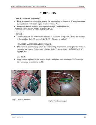 WIRELESS INDUSTRIAL SECURITY INTELLIGENT ROBOT 2013-14
DR.AIT, DEPT OF TE 54
7. RESULTS
SMOKE and FIRE SENSORS:
 These sensors are continuously sensing the surrounding environment, if any parameters
exceeds the set point alarm signal is sent to remote PC .
 The related SMS is sent to a mobile phone through GSM modem like,
“SMOKE OCCURED” , “FIRE ACCIDENT” etc.
SONOR
 Distance between the obstacle and the robot is calculated using SONAR and the distance
is displayed on the LCD screen. Like “DIST : Distance in inches”.
HUMIDITY and TEMPERATURE SENSOR:
 These sensors continuously senses the surrounding environment and display the relative
Humidity and current Temperature value on the LCD screen. Like, “HUMIDITY: X%”,
“TEMP: X0
”
CAMERA:
 Since camera is placed on the base of the pick and place arm, we can get 2700
coverage.
Live streaming is monitored on PC.
Fig 7.1 SONAR Interface
Fig 7.2 Fire Sensor output
 